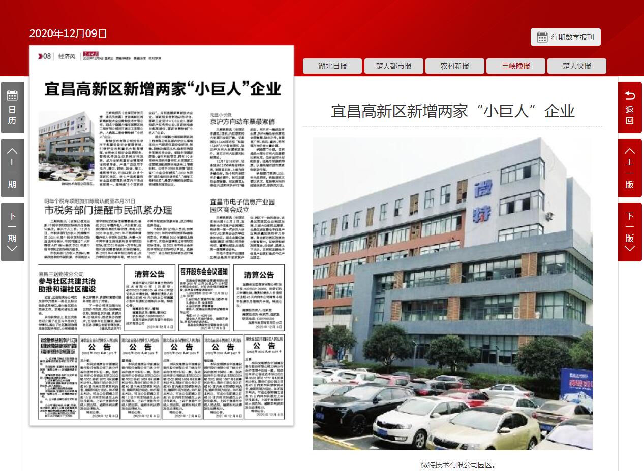 三峡晚报：宜昌高新区新增两家“小巨人”企业